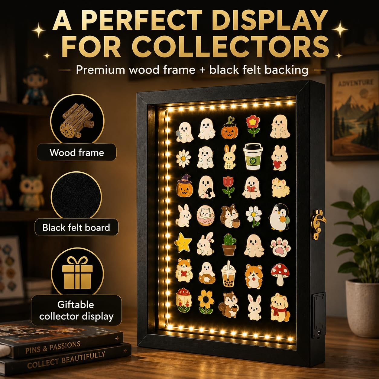 Light Up Pin Display Case – 12×16 Black Shadow Box Frame with Opening