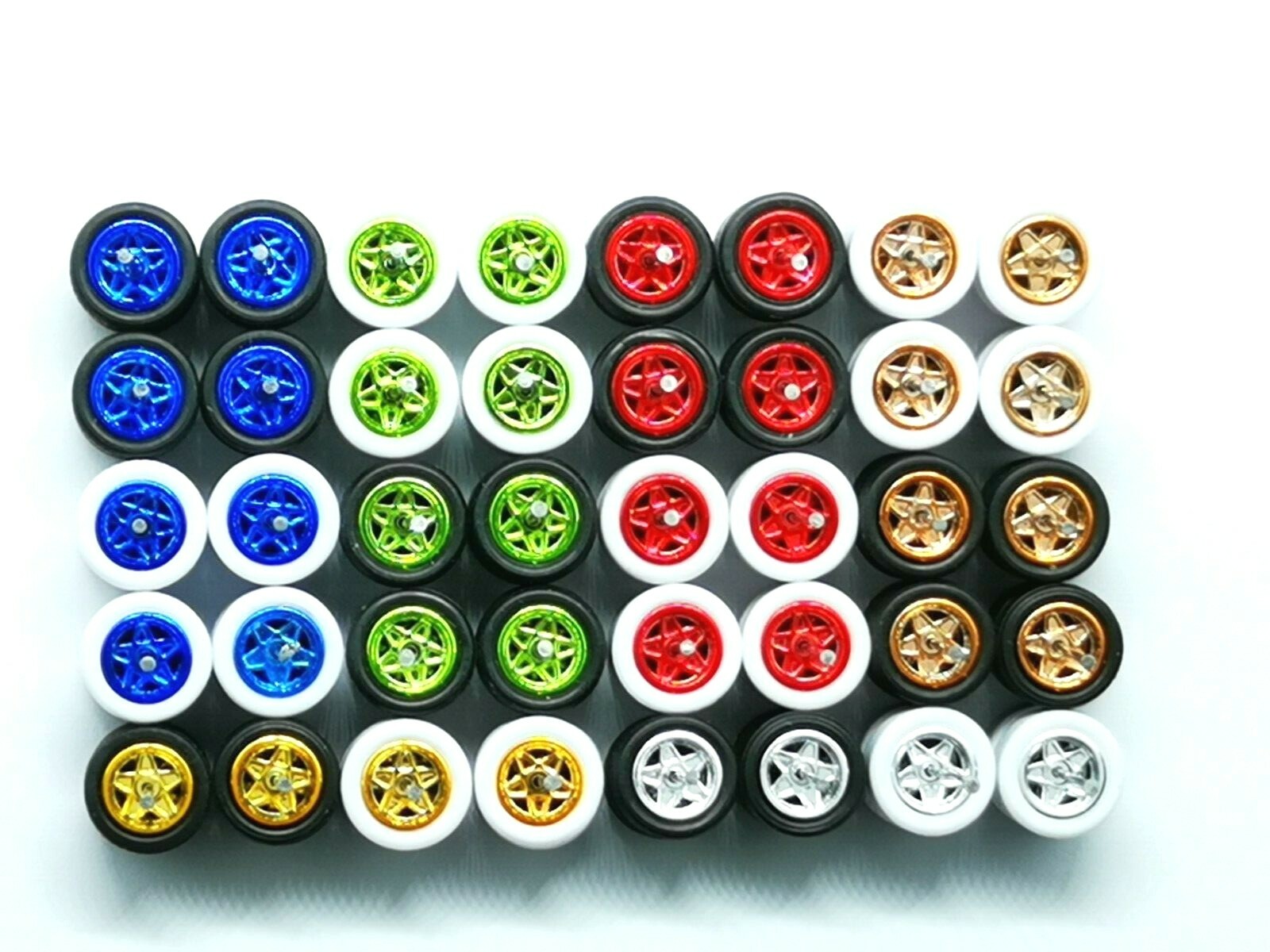 Hot Wheels 5 Star Wheel Long Axle 10 mm Rubber Tires fit 1:64 – 20 sets Mix