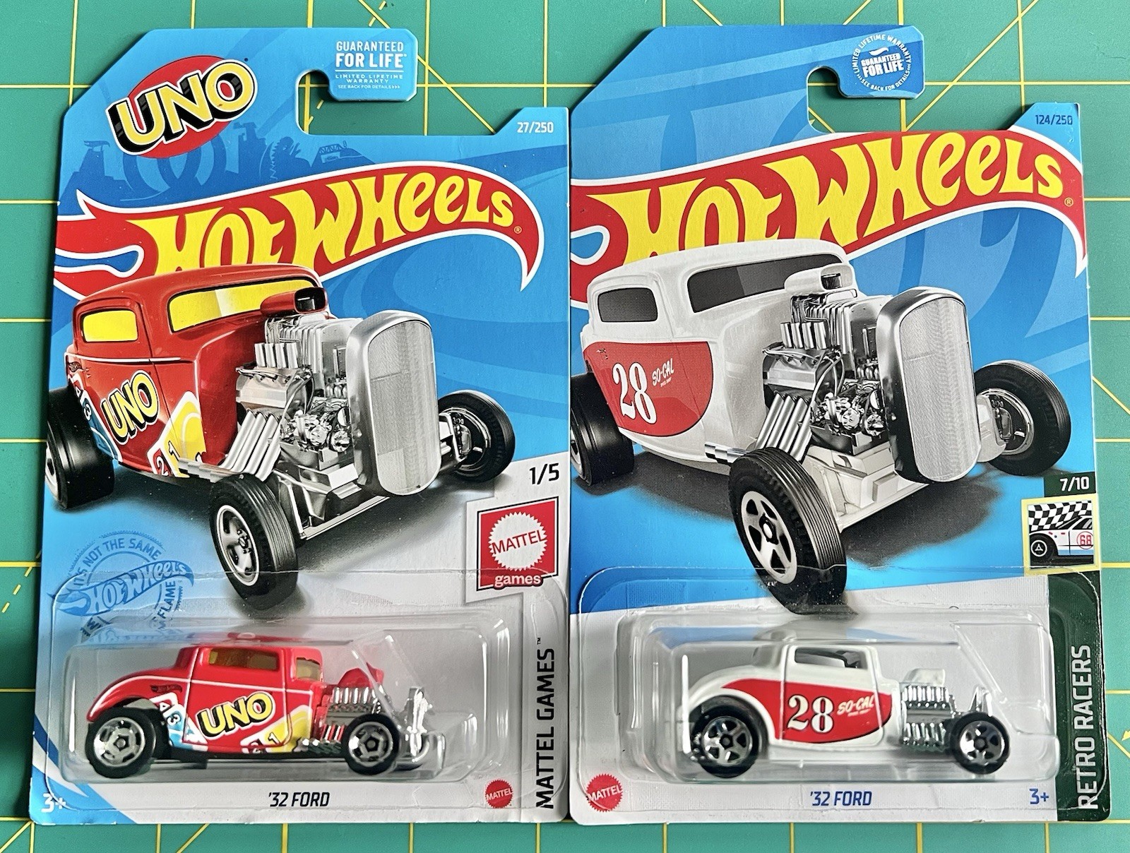 LOT OF 2 – 2021 & 2023 HOT WHEELS ‘32 FORD HOT ROD UNO MATTEL GAMES RETRO RACERS