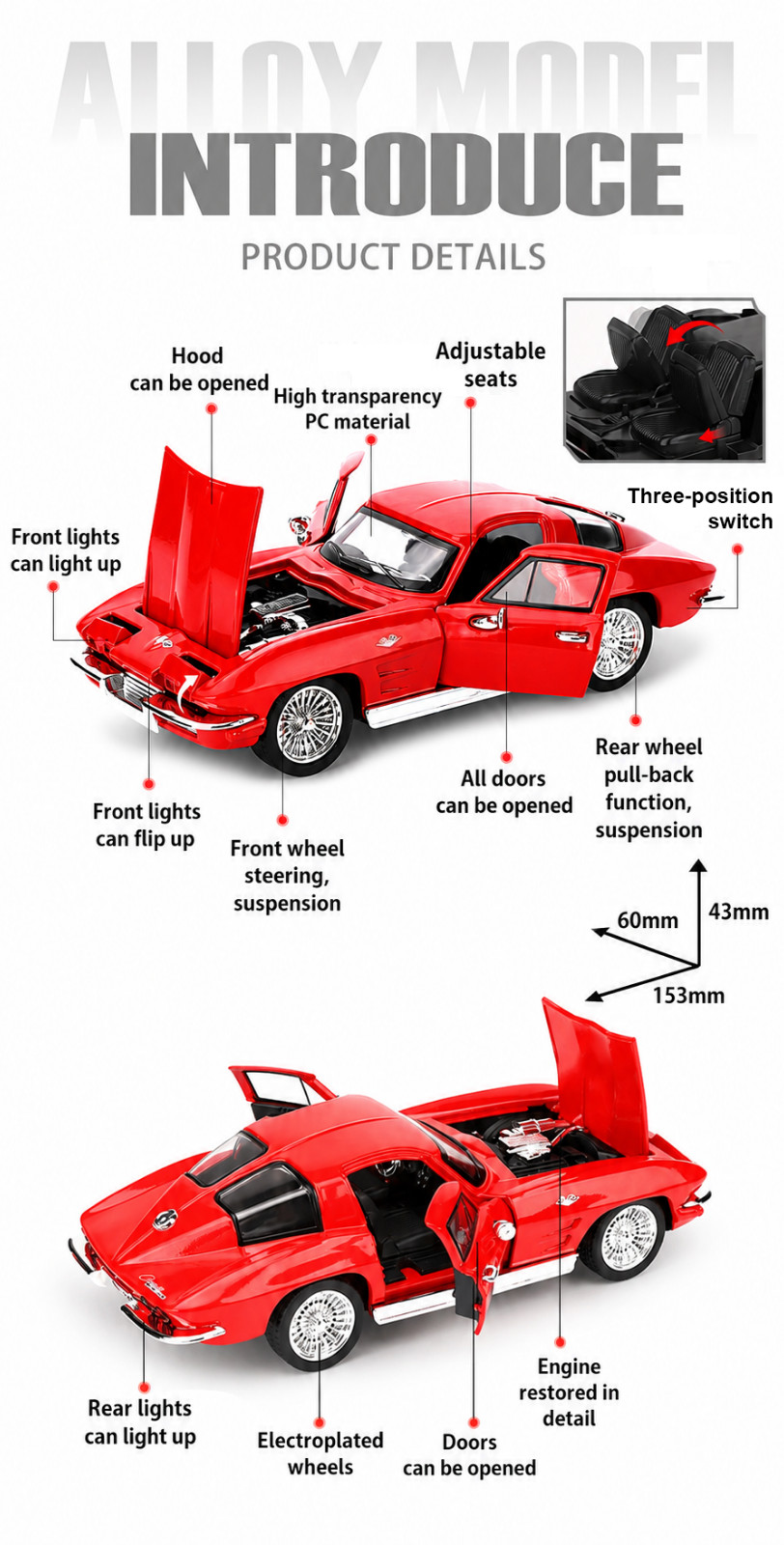 1:32 1963 Chevrolet Corvette Sting Ray C2 Coupe Model Car Collectible Toy Gift
