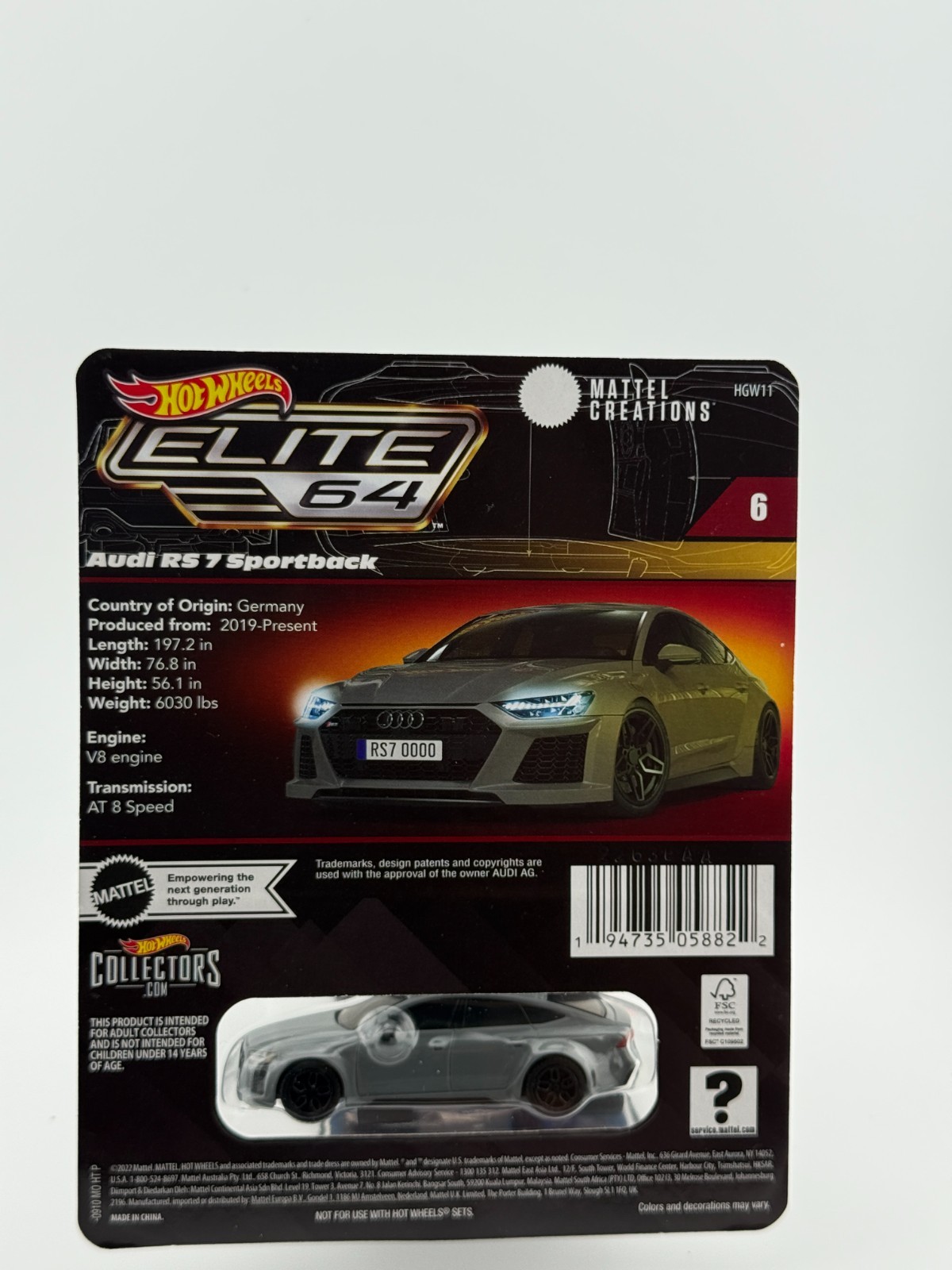 Hot Wheels Collectors Premium Elite 64 Gray Audi RS 7 Sportback