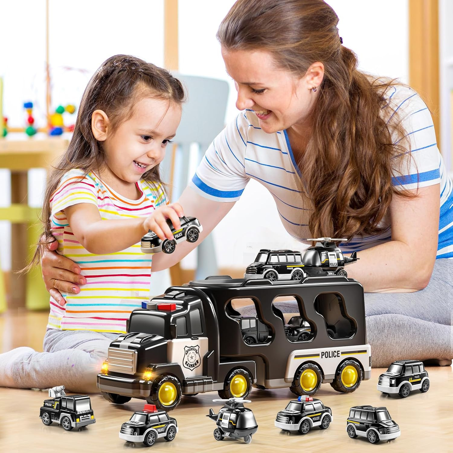 Police Truck Toy for 3 4 5 6 Years Old Boys – Carrier Vehicle Toy Set with 3 Sma