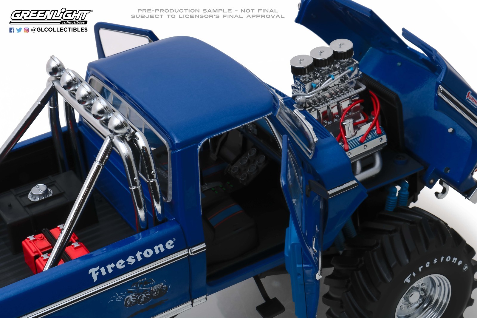 1974 FORD F-250 48″ TIRE MONSTER TRUCK W/ BOB CHANDLER FIGURES BLUE 1:18 SCALE