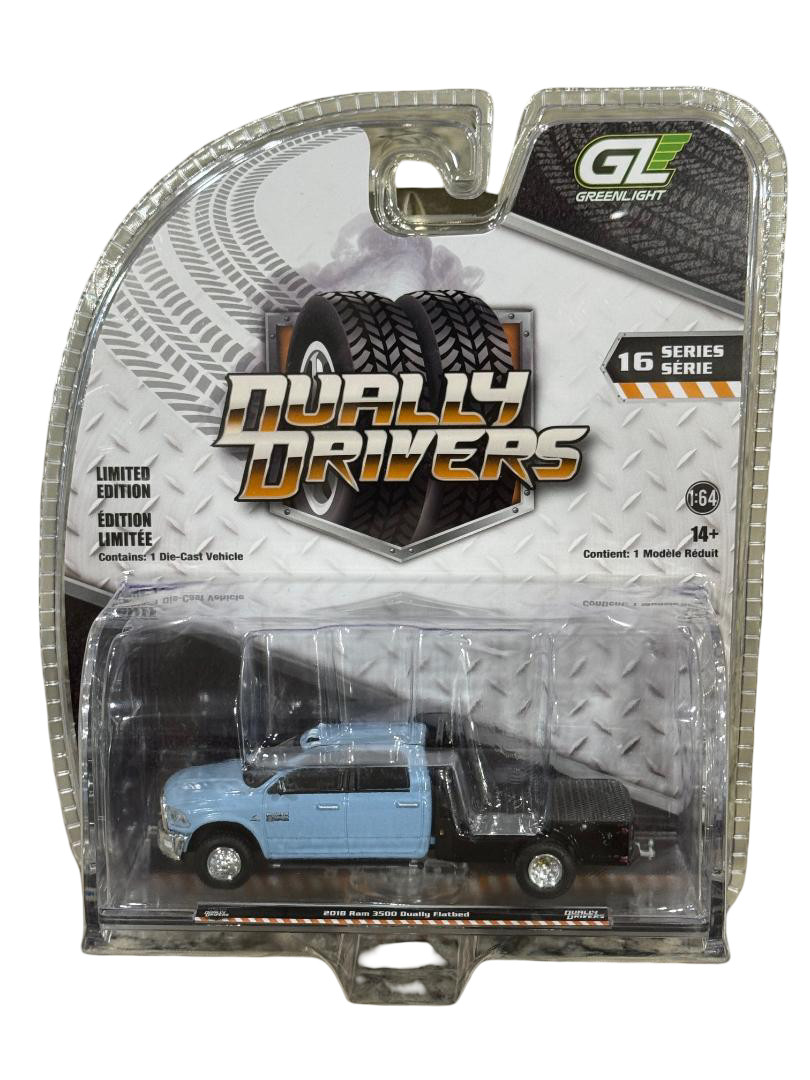 Greenlight Dually Drivers Series 16 2018 Ram Dually Flatbed Robins Egg Blue 1/64