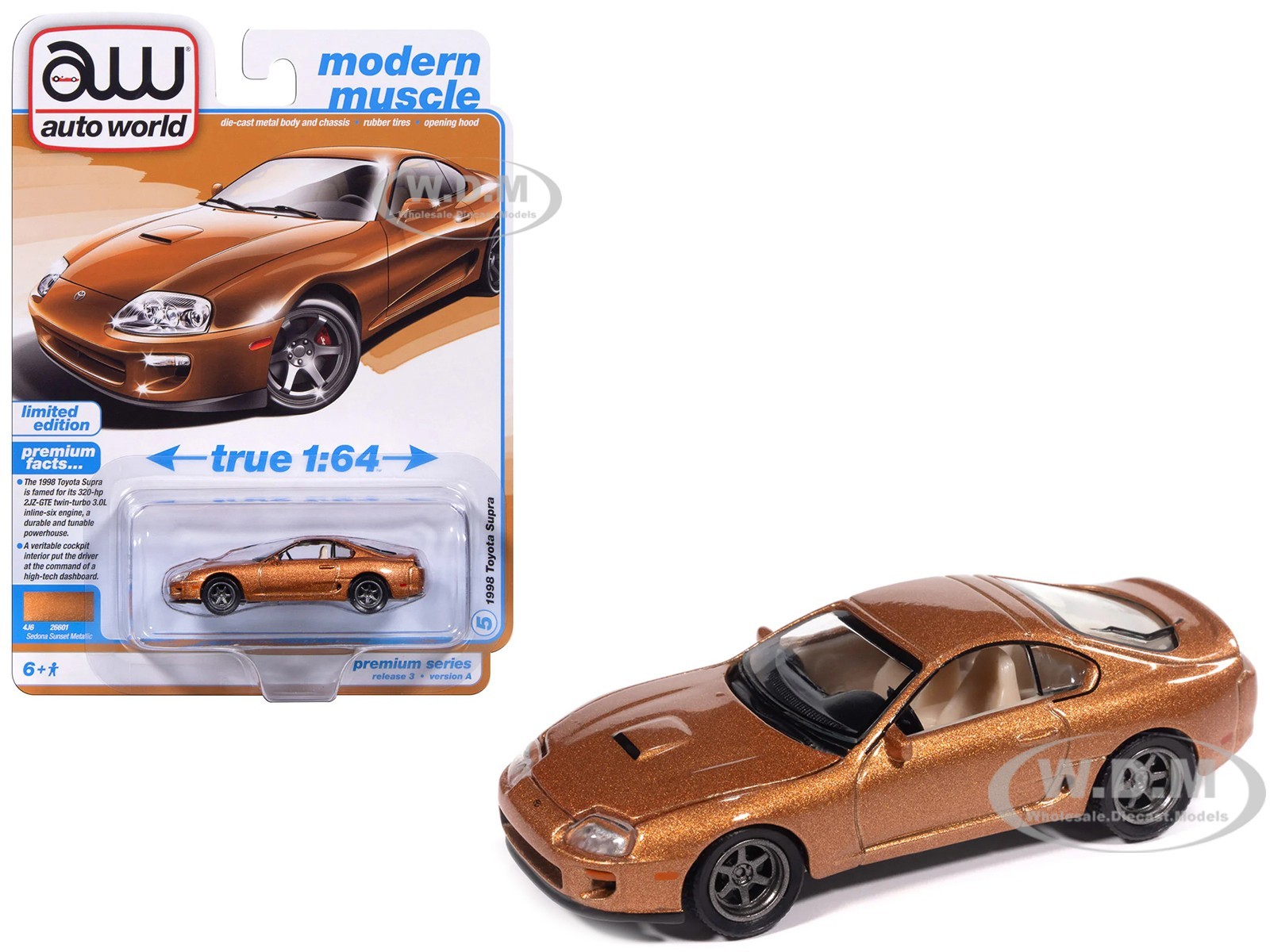 1998 TOYOTA SUPRA SEDONA SUNSET BRONZE 1/64 MODEL BY AUTO WORLD 64522-AWSP209 A