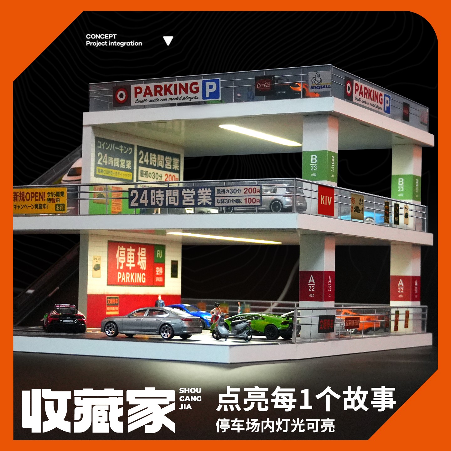 1/64 Diorama Diecast Car Garage Model LED 3-Layer Parking Lots Building Scene US