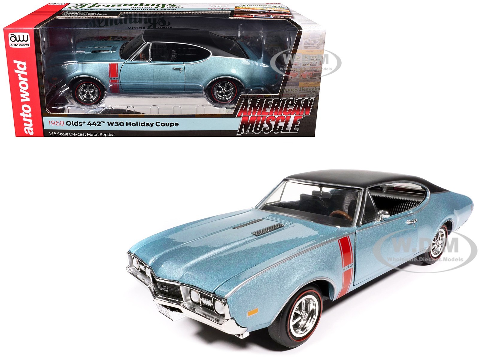 1968 OLDSMOBILE 442 W30 COUPE TEAL FROST “HEMMINGS” 1/18 BY AUTO WORLD AMM1350