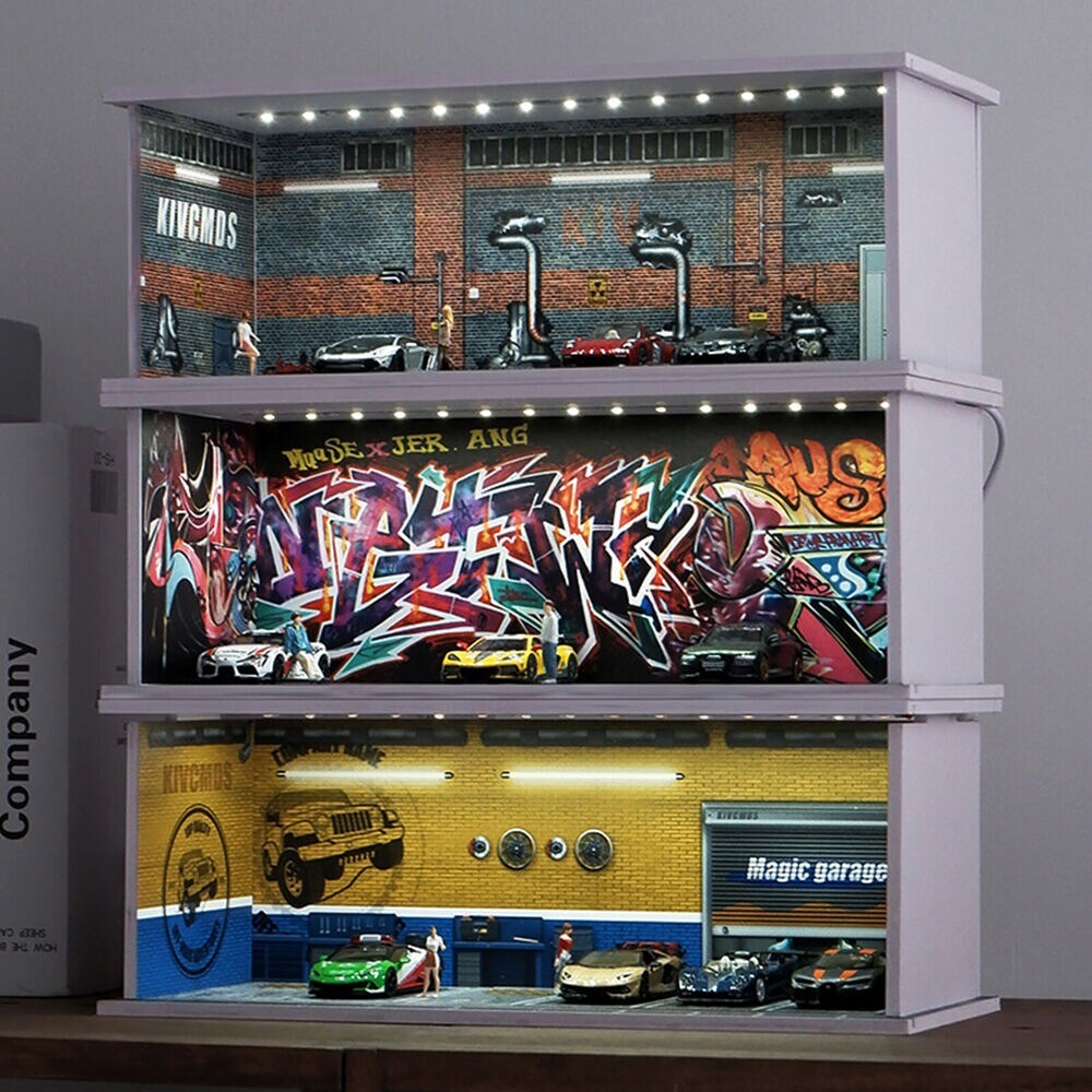 1/64 Diorama Car Garage LED Lighting Car Repair Workshop Scene Display Model Toy