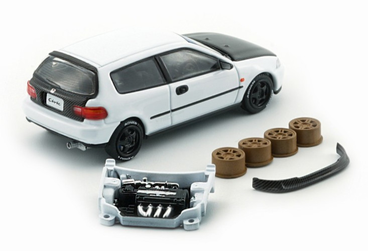 BM Creations Honda Civic EG6 – RHD – White Carbon Bonnet 1:64 Car 64B0484