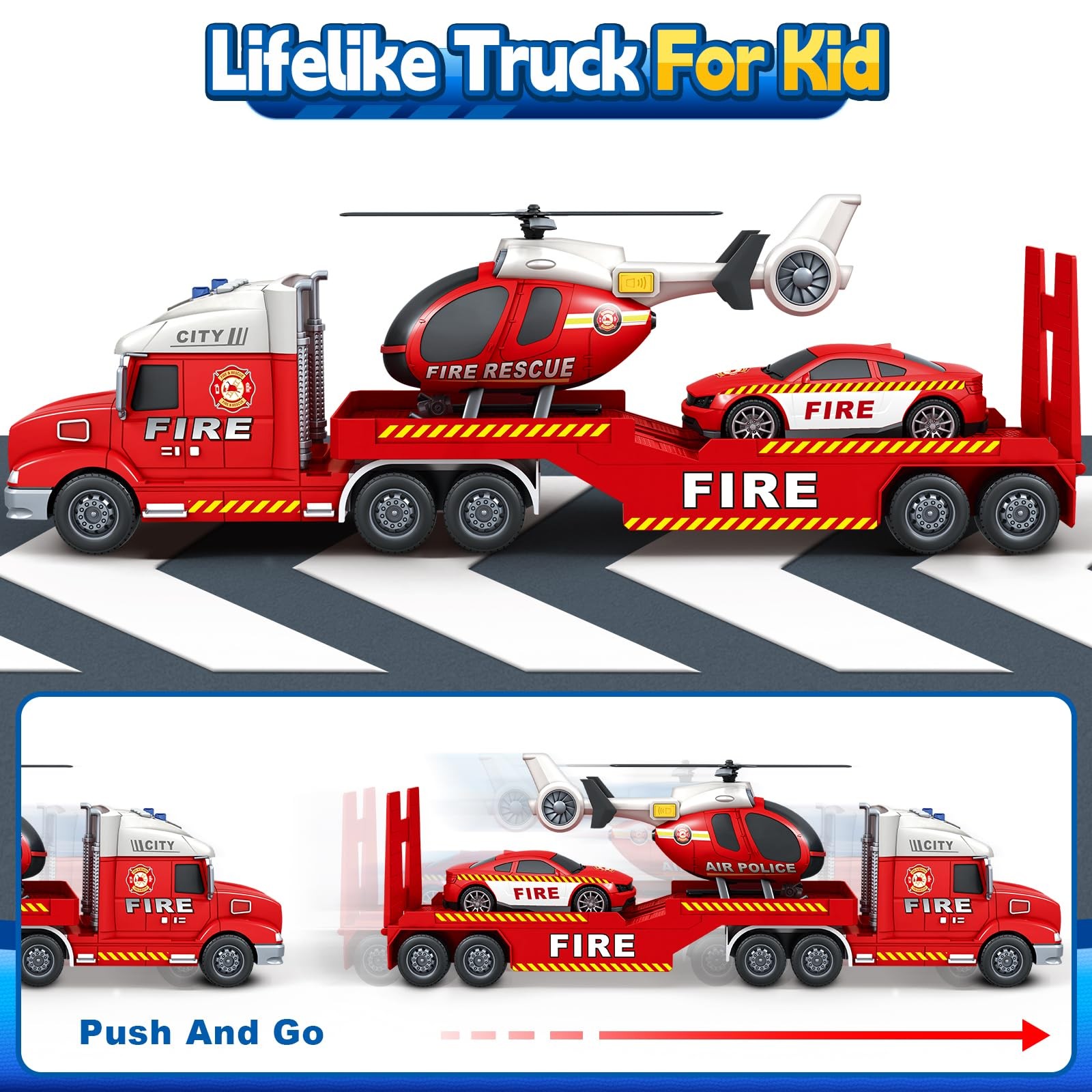 Boys Toys, 3 4 5 Large Fire Truck Toys with Lights Sounds, Truck Car with Rac…
