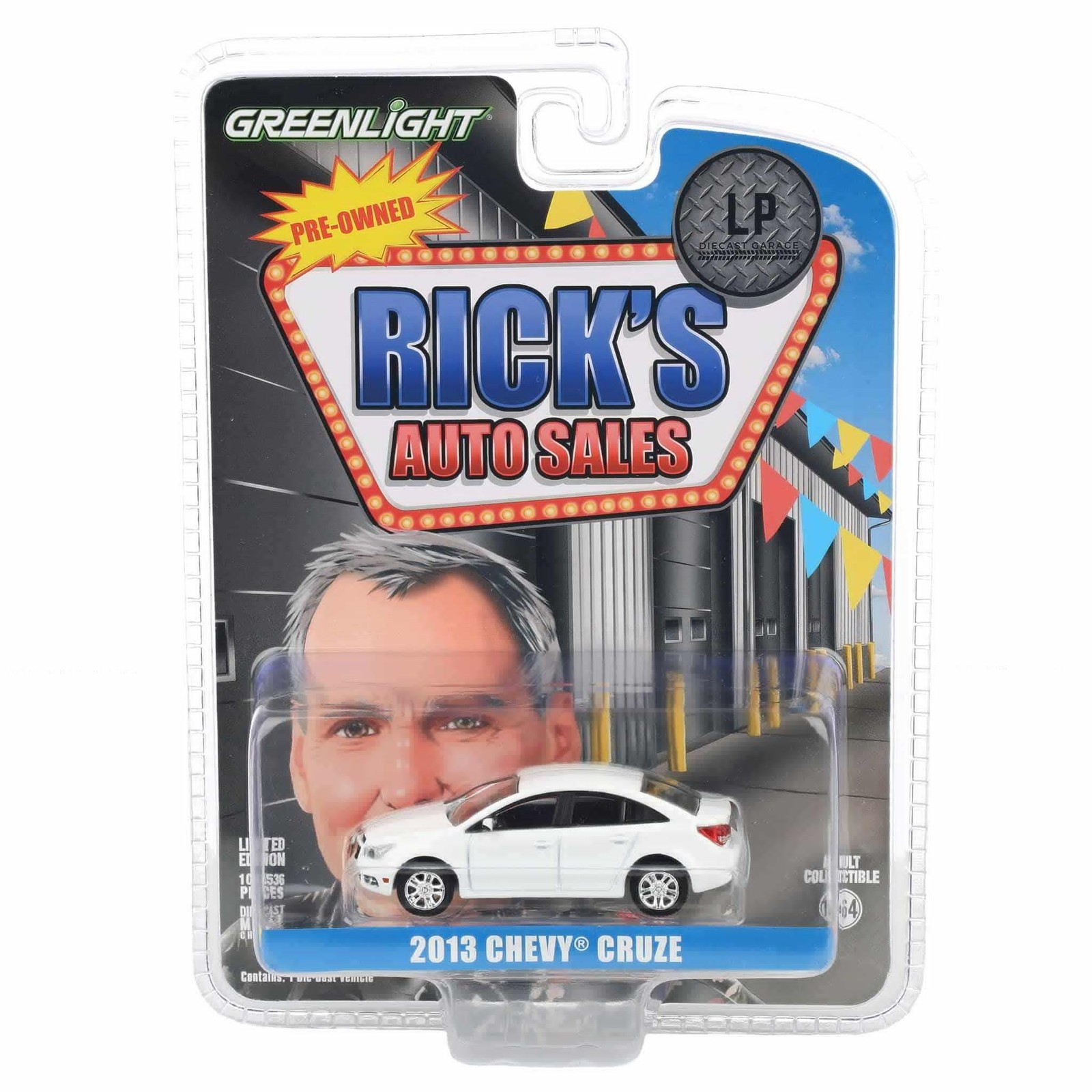 Greenlight 1/64 2013 Chevy Cruze, White, Rick’s Auto Sales LP Diecast Ex. 51622