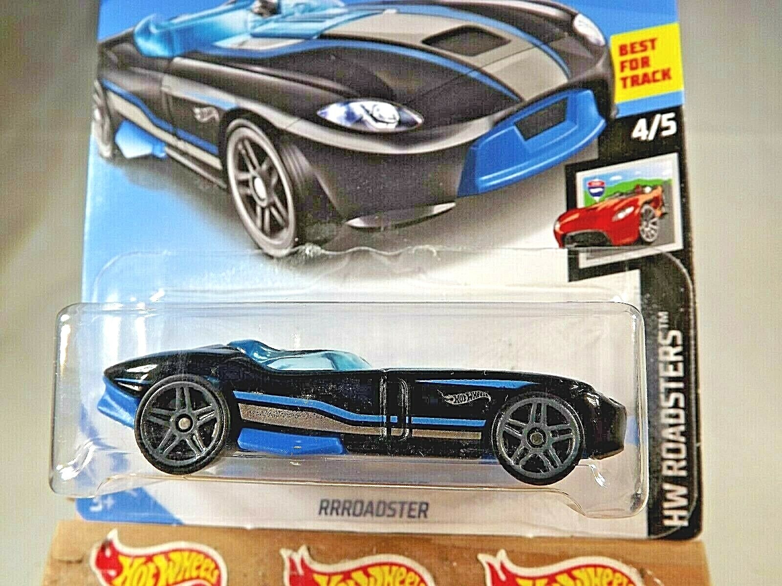 2019 Hot Wheels #154 HW Roadsters 4/5 RRROADSTER Black-Blue w/Gray Pr5 Spokes