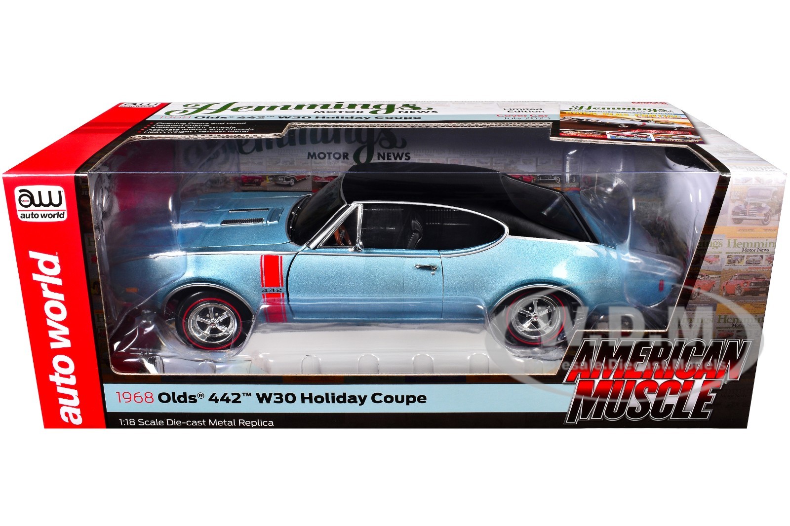 1968 OLDSMOBILE 442 W30 COUPE TEAL FROST “HEMMINGS” 1/18 BY AUTO WORLD AMM1350