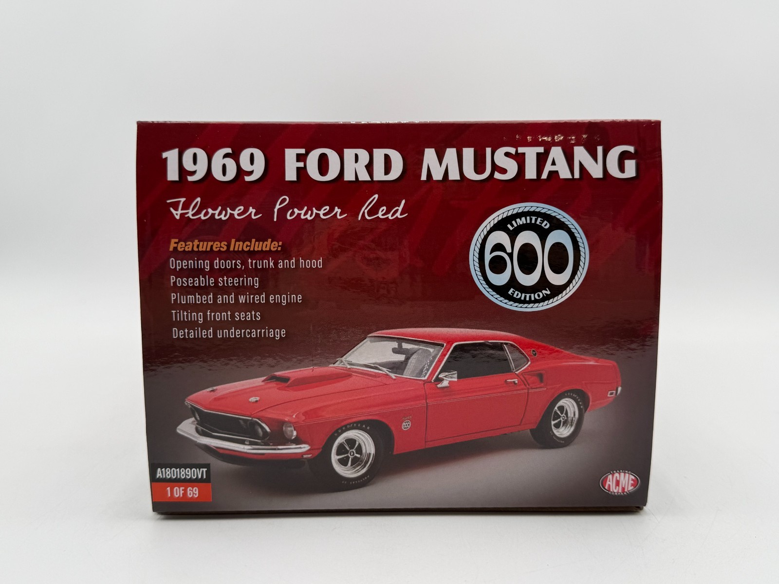ACME SPECIAL ONLY 69 MADE – 1:18 1969 Ford Mustang 600 FLWR PWR RED – A1801890VT