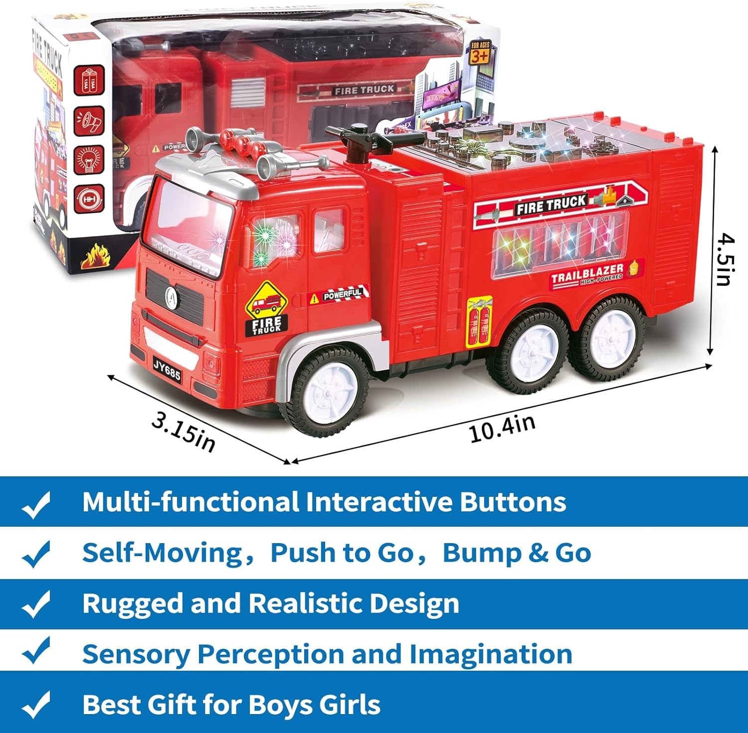 Large Fire Truck Toy for Toddlers 3-5 4D Lights & Siren | Bump & Go Action Gift