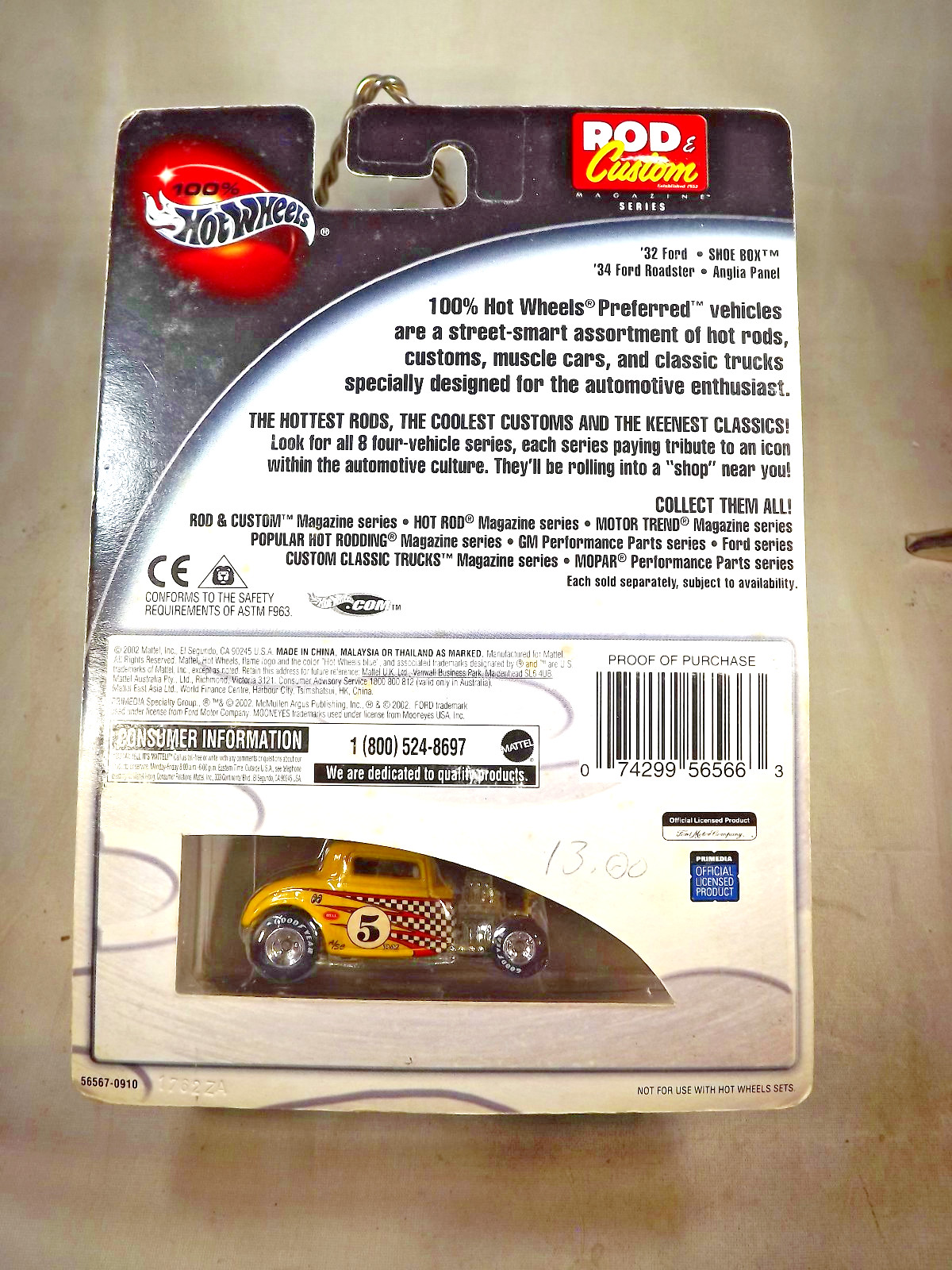 2002 Hot Wheels 100% Rod & Custom Series 1/4 ’32 FORD Yellow w/Real Riders GDYR