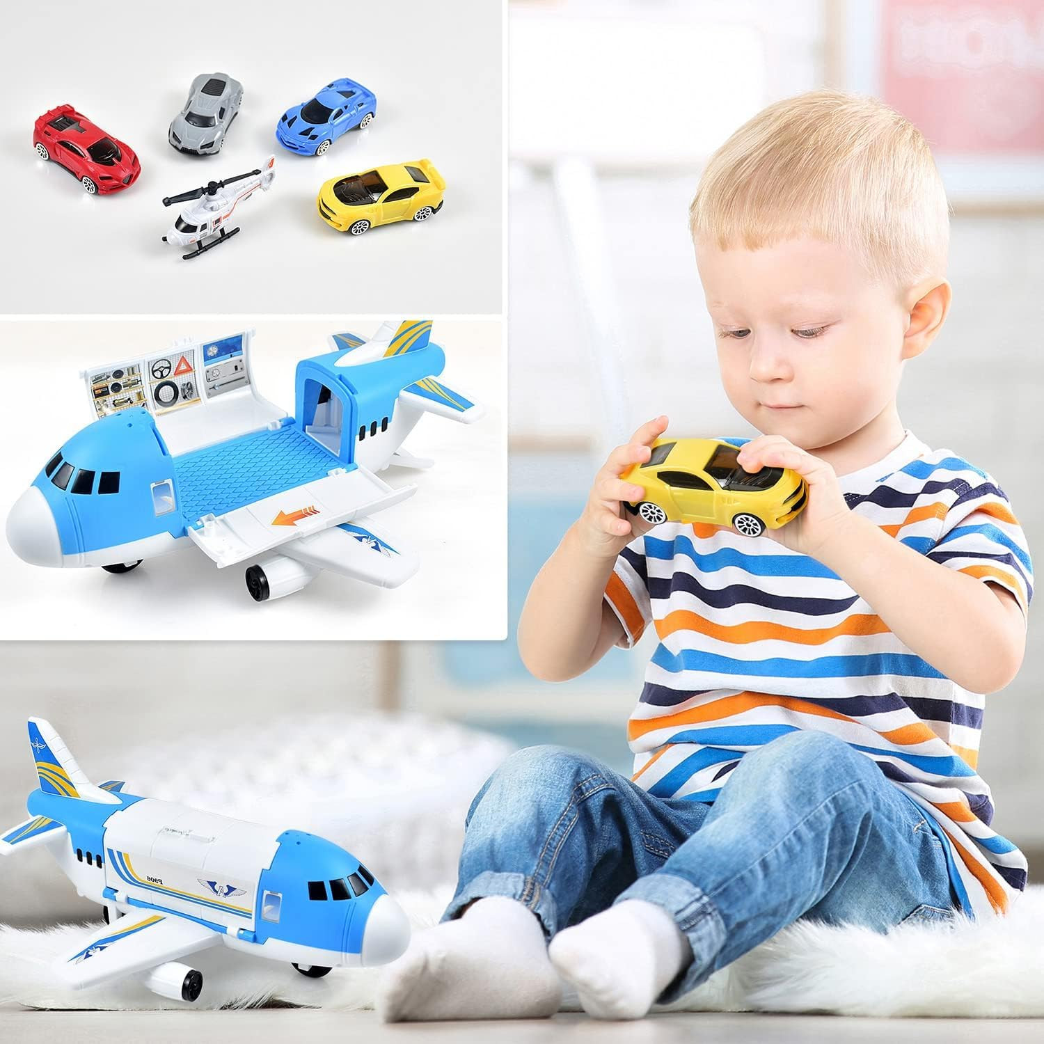 Transport Cargo Airplane Car Toy Play Set for 3+ Years Old Boys and Girls(Blue)