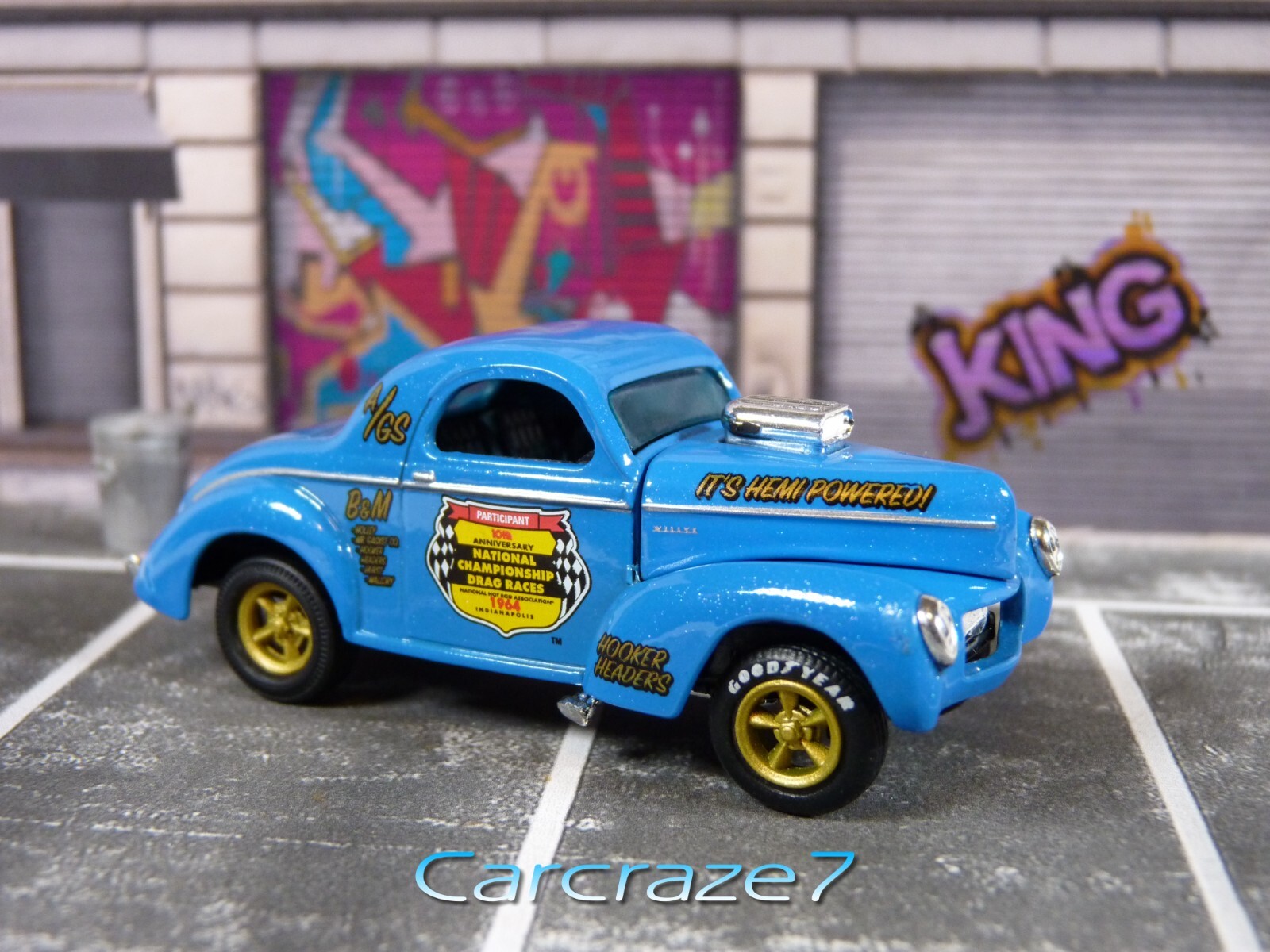 2022 M2 Machines Blue ’41 Willys Coupe Gasser NHRA Rubber Tires Loose P1