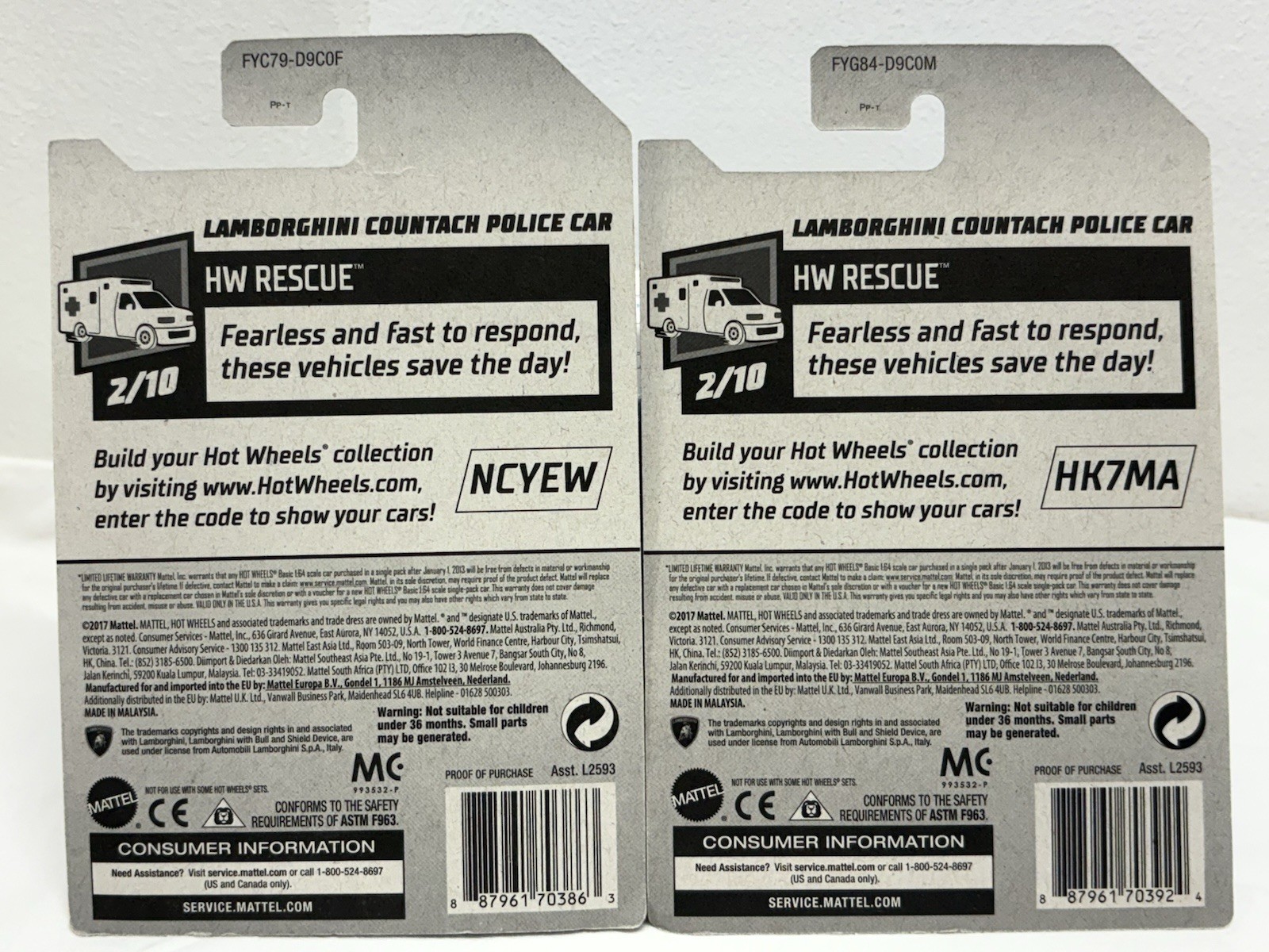 Hot Wheels Police ~ Lamborghini Countach ~ Includes 2 Variations ~ Black & Blue