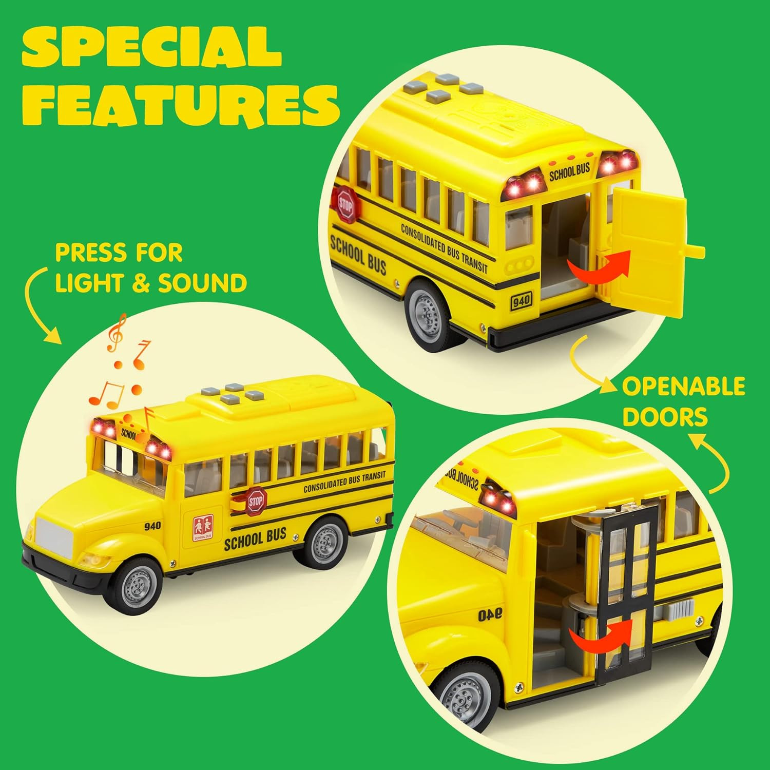 4 Pcs 7″ Vehicle Toy Set Lights Siren Police Car Bus Garbage Truck Ages 3-5 Boys