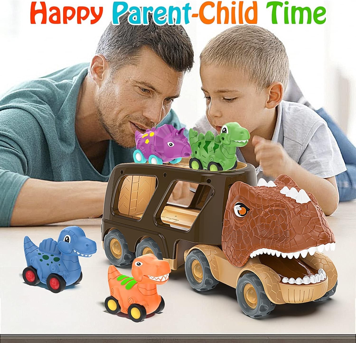 Dinosaur Car Toy for 2 3 4 5 Old Boys, Friction Power Carrier Truck with 4 P…