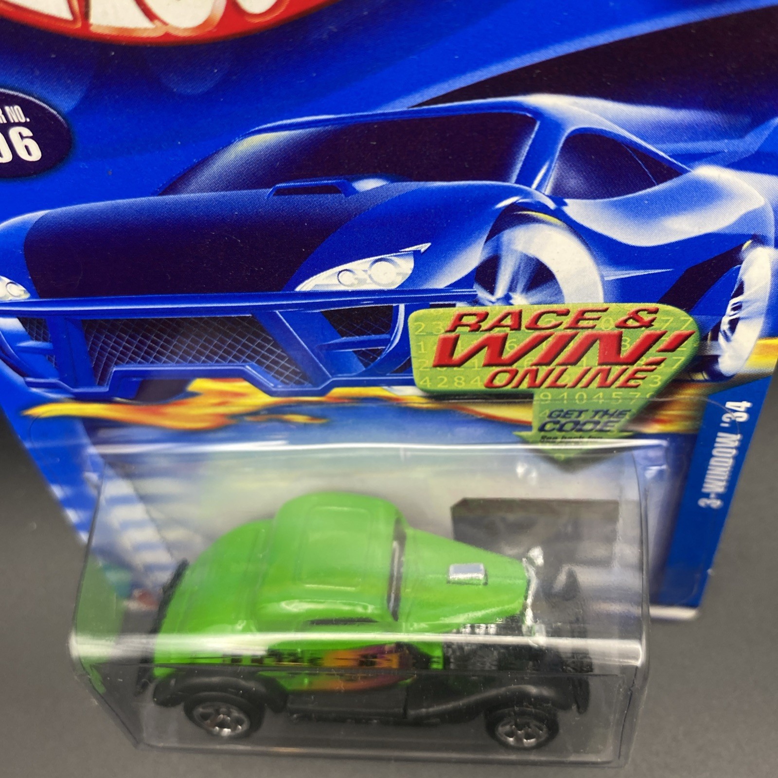 2002 Hot Wheels 3-Window ’34 Hot Rod #196 Blue Card Sealed Green