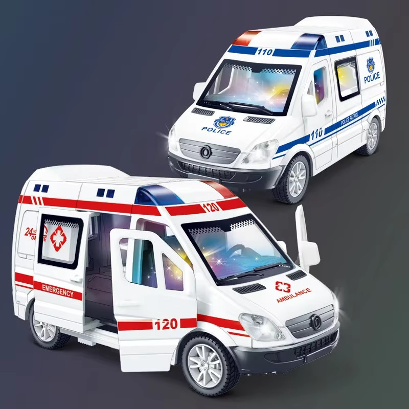 Diecast Mini Emergency Vehicle Model Sound Light Police Fire Ambulance Toy Gift