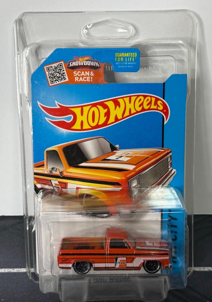 2015 Hot Wheels 1983 83 Chevrolet Silverado HW City Orange Fram Scan & Race Prot