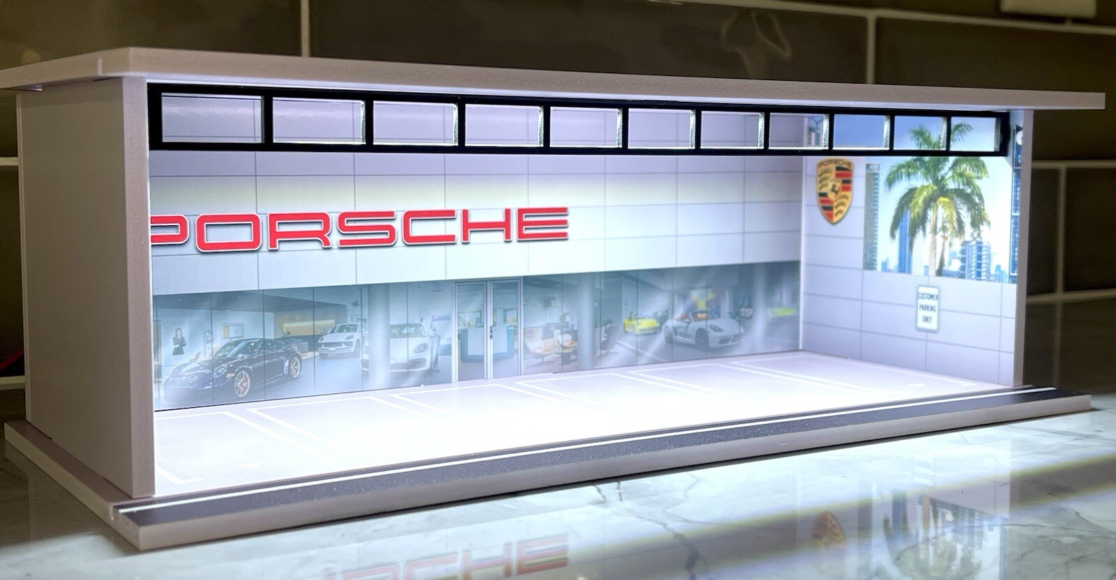 NEW Porsche Dealer Theme FOR Hot Wheels 1:64 Model Diorama Garage LED Lighting!