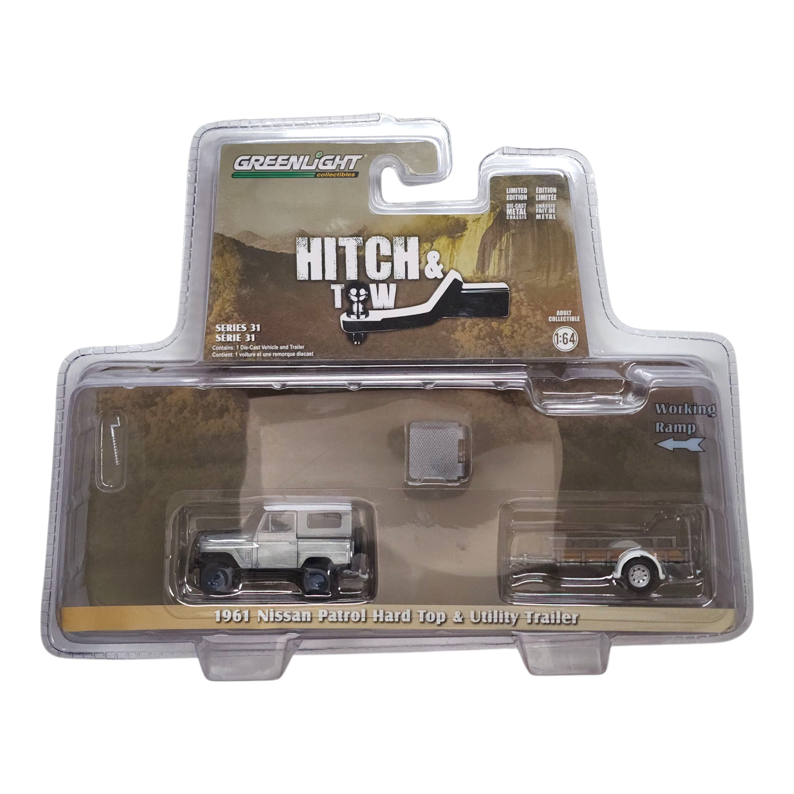 GREENLIGHT 1961 Nissan Patrol Hard Top & Utility Trailer Raw Chase Hitch & Tow
