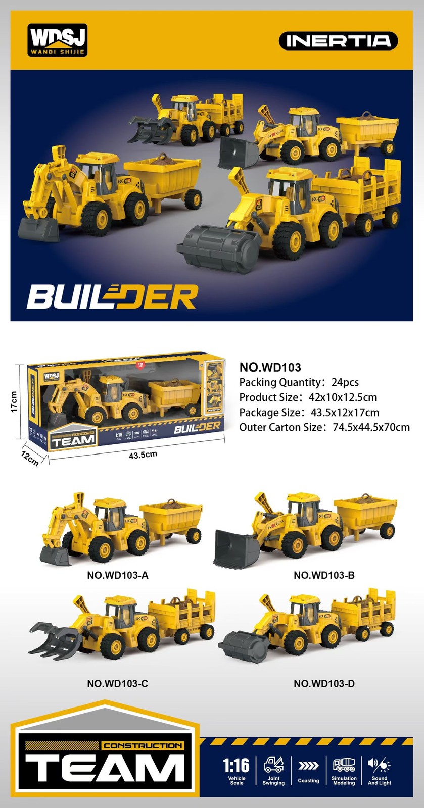 1:16 1:18 Construction Vehicle Toy Set Excavator Loader Roller w/ Sound & Light
