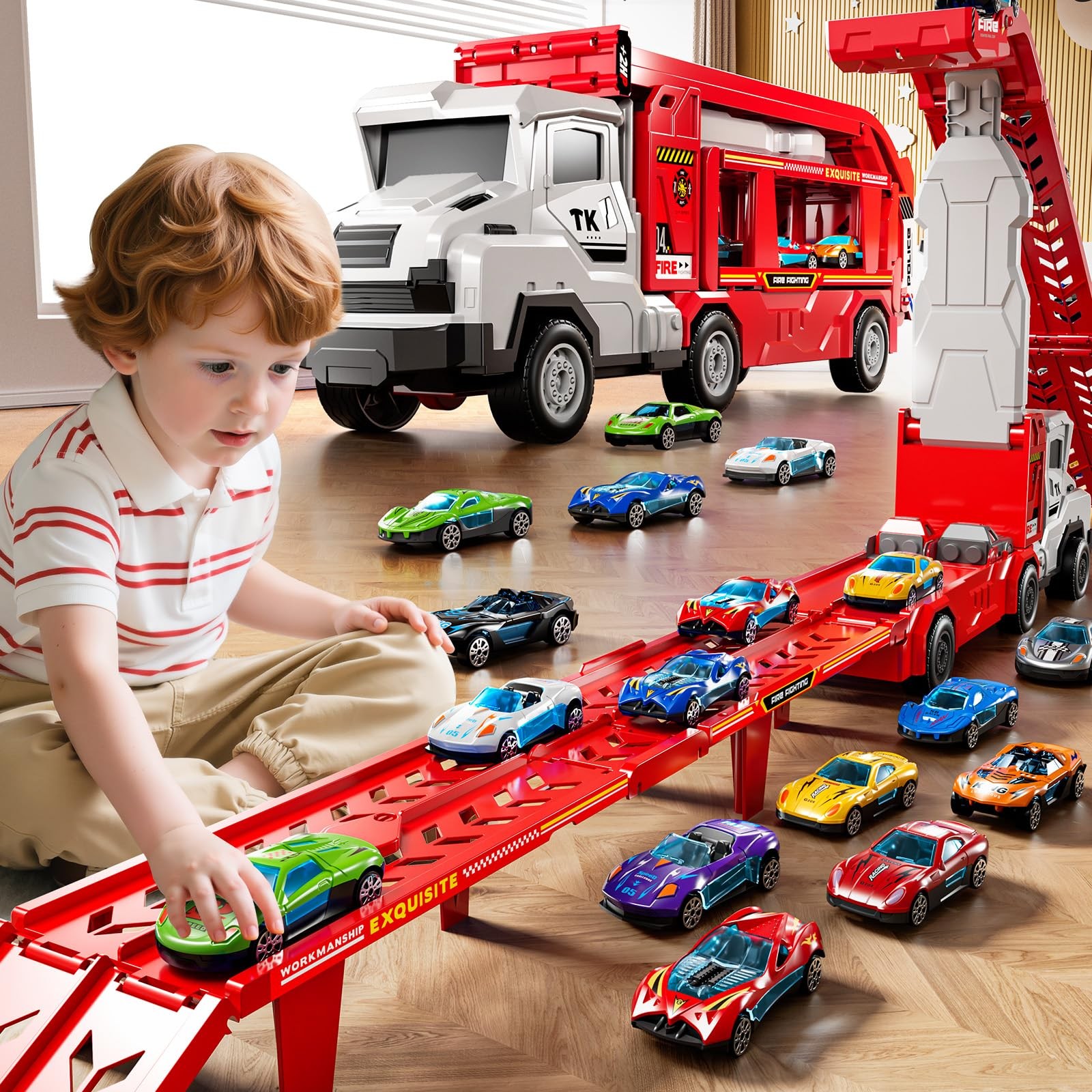 Toddler Car Truck Toys for 3 4 5 6 7 8 Years Old Boys, Transporter Truck Toy Tra