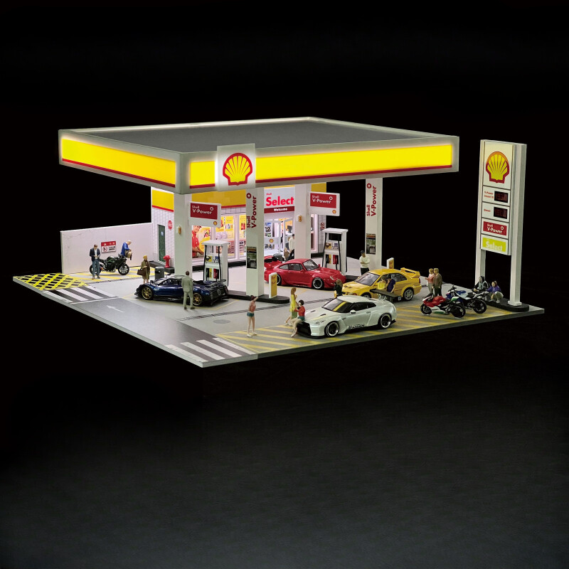 1/64 Diorama Car Garage Model LED Lighting City Street Gas Station Scene Models