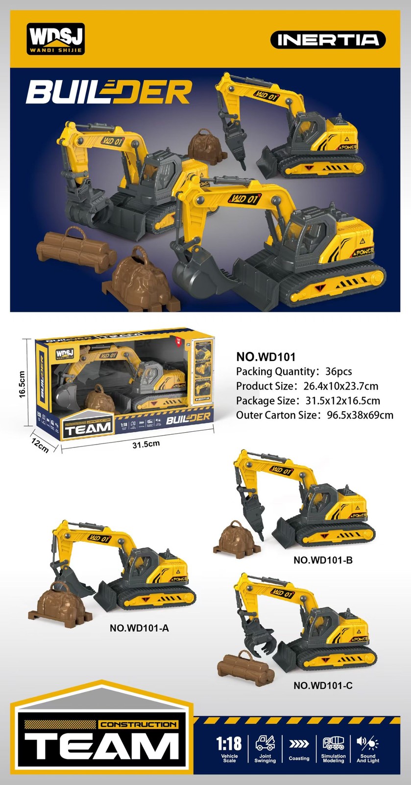 1:16 1:18 Construction Vehicle Toy Set Excavator Loader Roller w/ Sound & Light