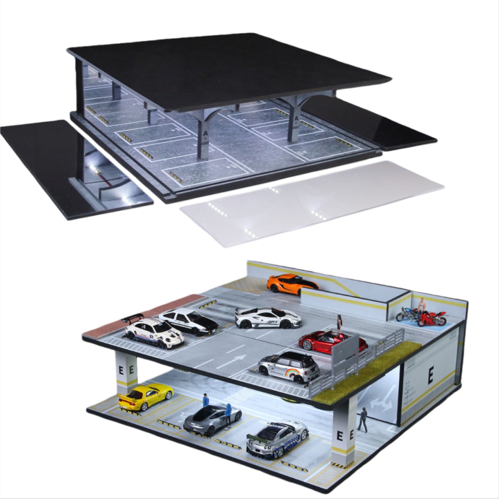 Diorama 1/64 Diecast Car Parking Lots Model LED Street Building Display Gift US