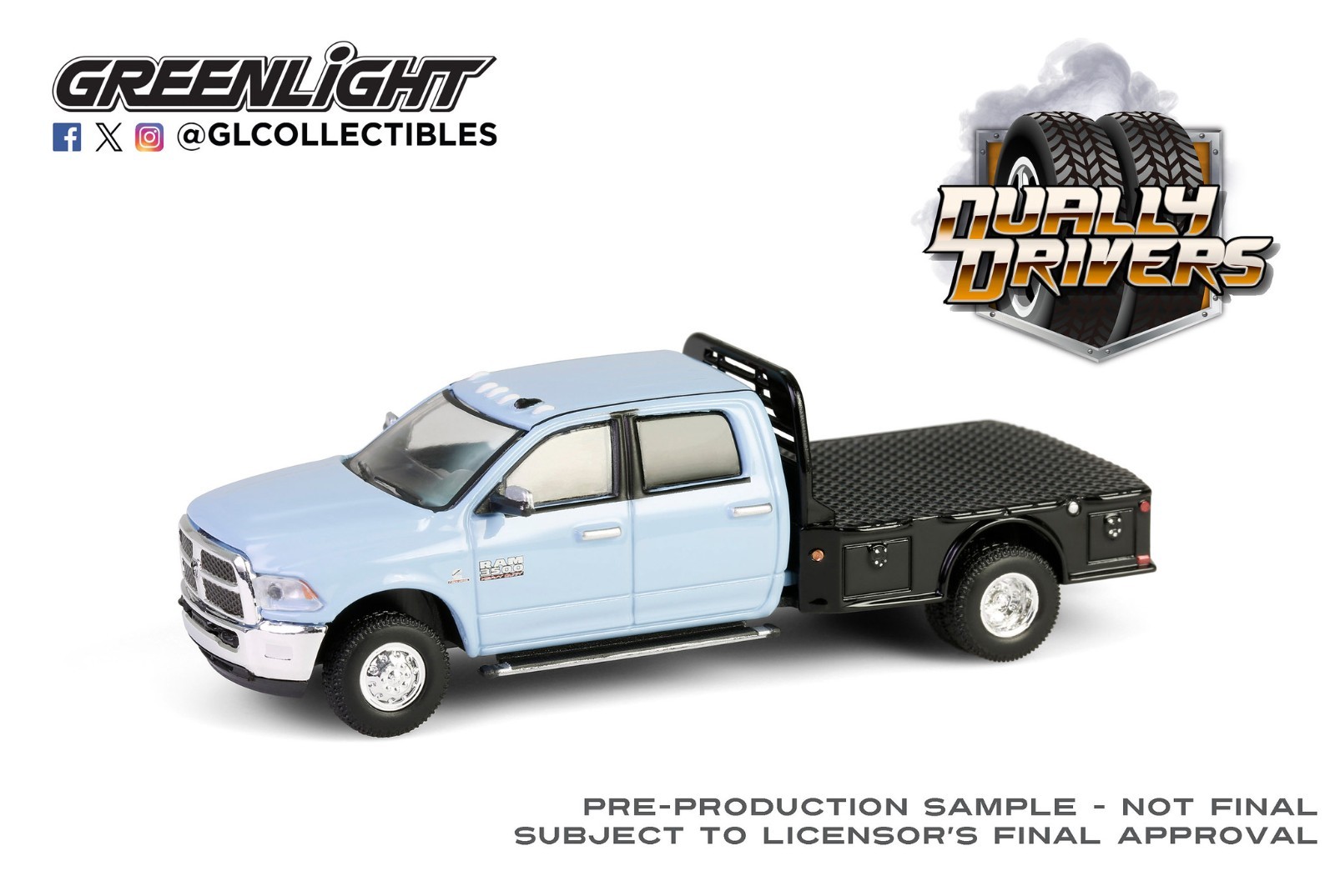 Greenlight Dually Drivers Series 16 2018 Ram Dually Flatbed Robins Egg Blue 1/64