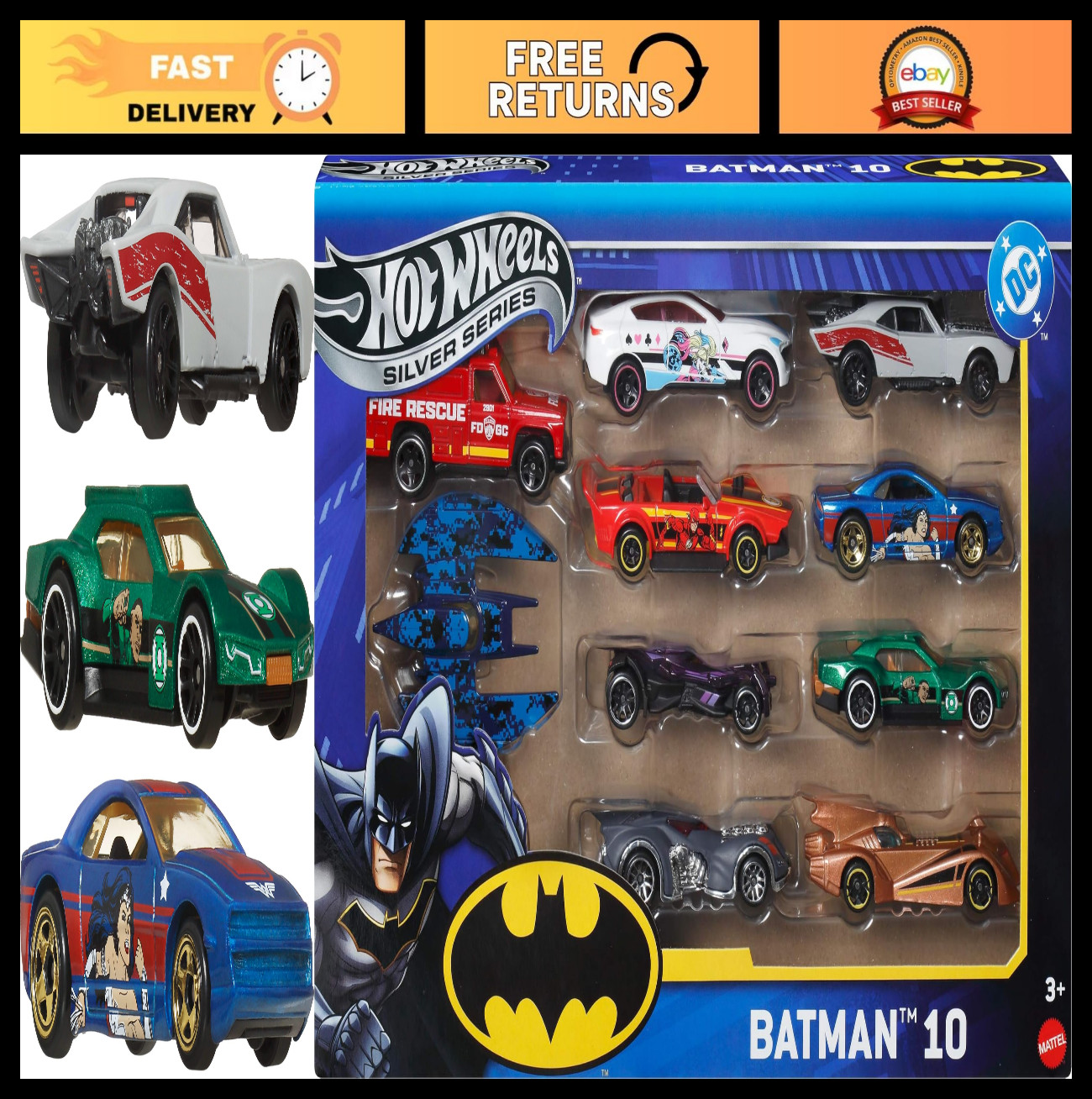Batman-Themed Hot Wheels 10-Pack Die-Cast Cars Set, Includes Batmobile & Batplan
