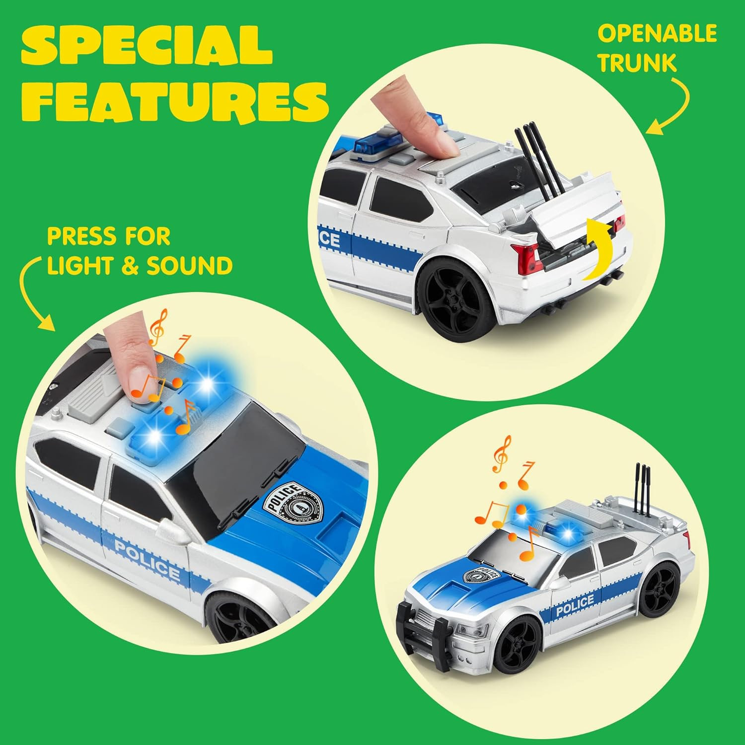 4 Pcs 7″ Vehicle Toy Set Lights Siren Police Car Bus Garbage Truck Ages 3-5 Boys