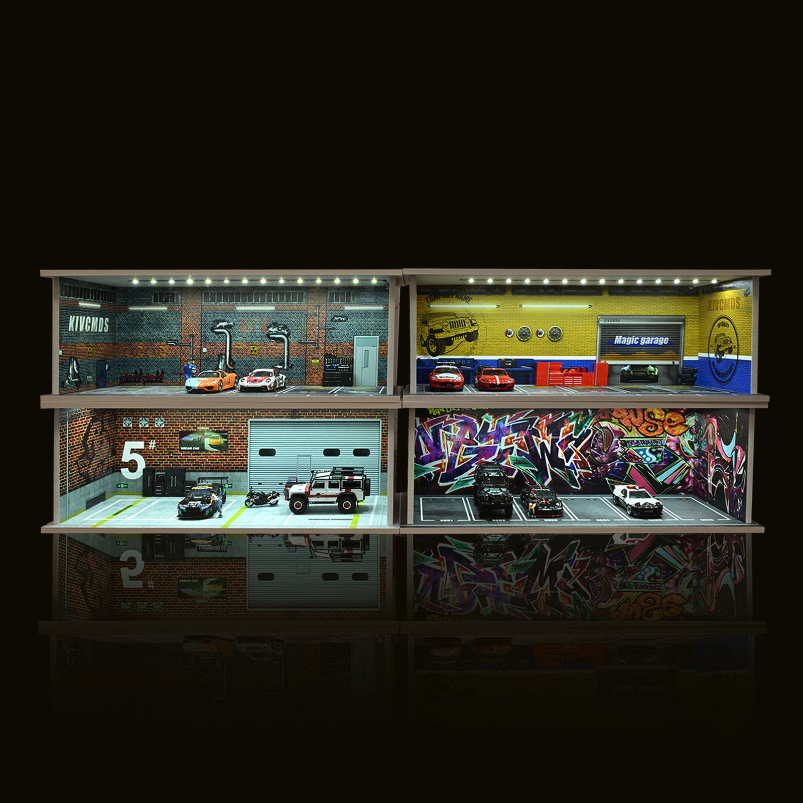 1/64 Diorama Die-cast Car Garage Model LED Lighting City Parking Lot Scene Model