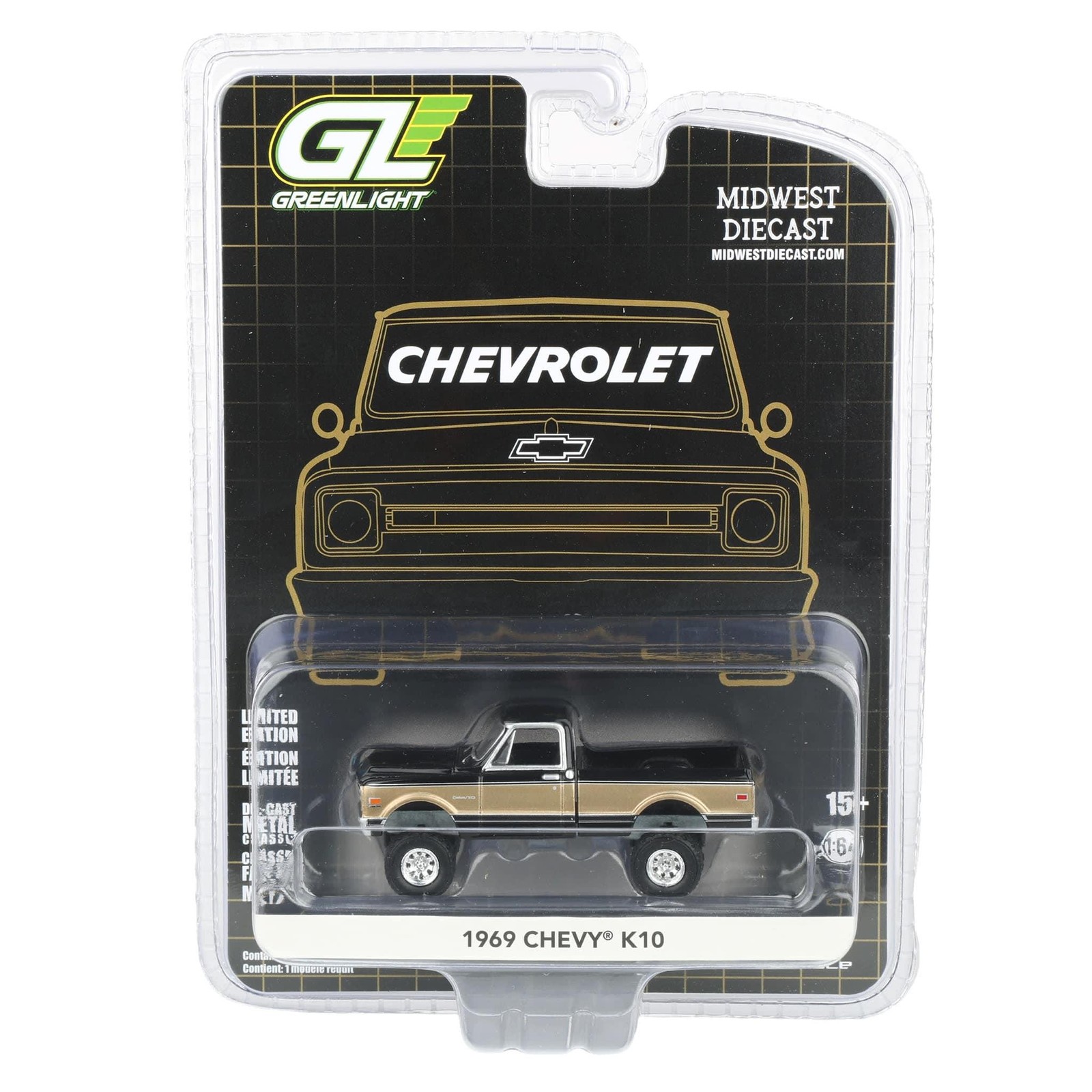 1/64 Lifted 1969 Chevrolet K10 Pickup Truck, Black & Gold, 51687-A