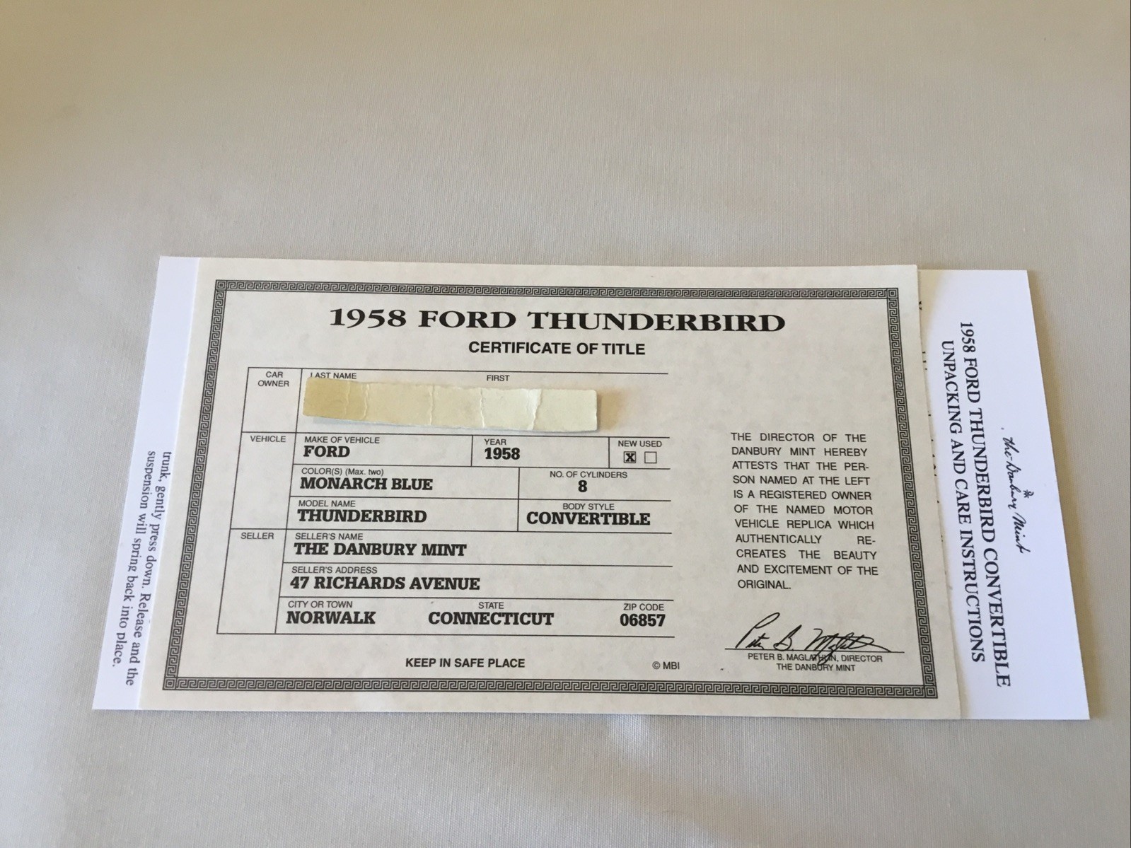 Danbury Mint 1958 Ford Thunderbird Convertible Title Paperwork Only 1:24