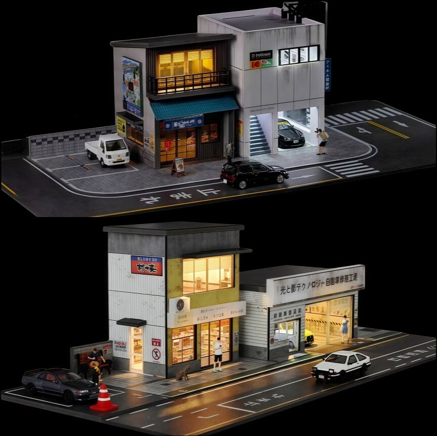 1:64 Diorama Parking Lot Scene Model LED Car Garage Shop Model Collection Toys