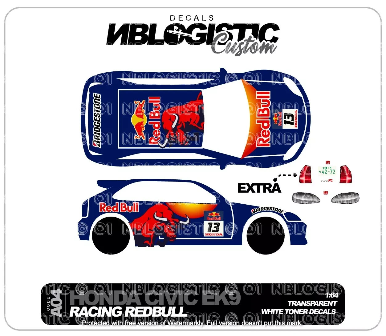 Hot Wheels HONDA EK9 RACING V6 Custom Universal WaterSlide Decal 1/64 Scale 01