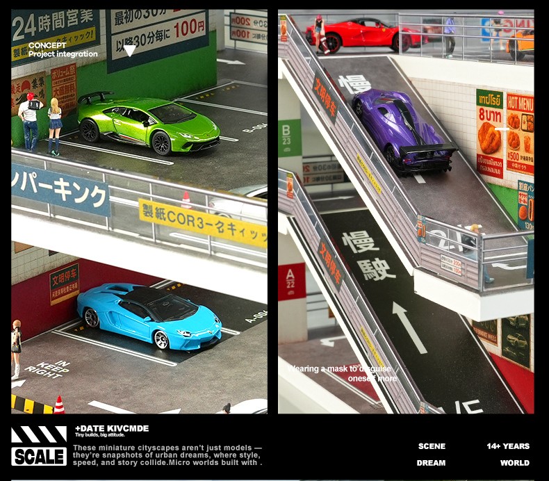 1/64 Diorama Diecast Car Garage Model LED 3-Layer Parking Lots Building Scene US