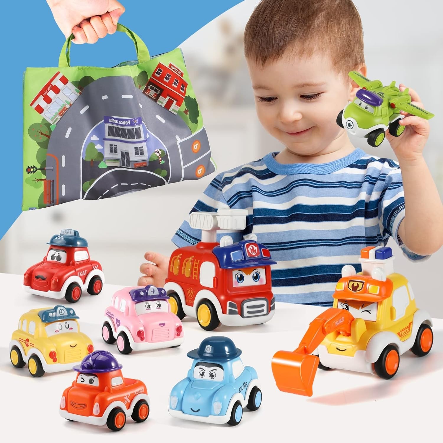 8Pcs Cartoon car Pull Back Toys, Kids car vehicle Set with Mat & Storage bag UK