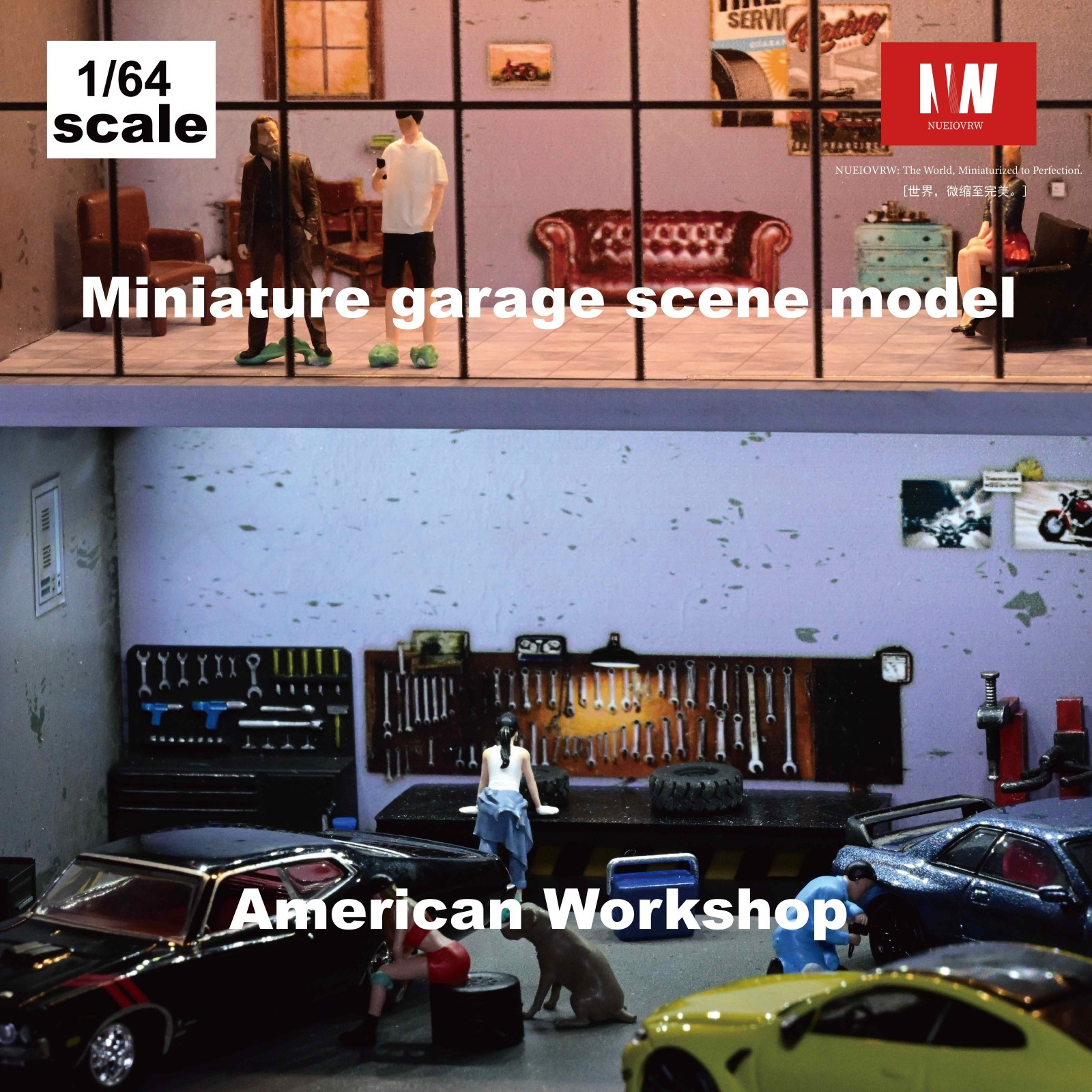 Diorama 1:64 Die-Cast Car Garage Model LED Repair Workshop Scene Display Case US