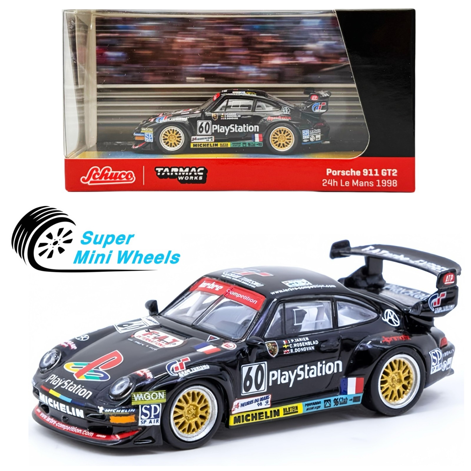 Tarmac Works x Schuco 1:64 Porsche 911 GT2 #60 (Black) 24Hr Le Mans 1998