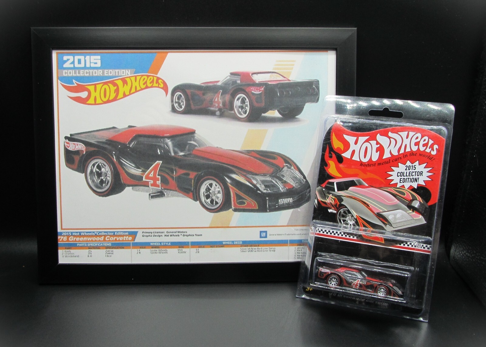 Hot Wheels 2015 COLLECTOR EDITION ’76 GREENWOOD CORVETTE & Framed E-Sheet, P62za