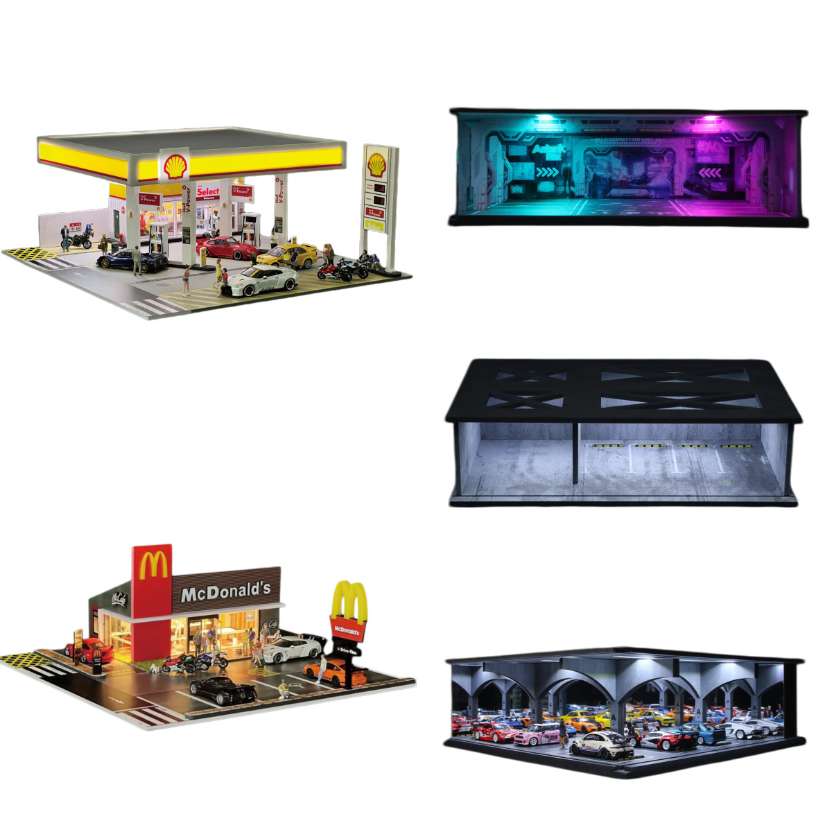 Diorama 1/64 Car Garage Model LED Lighting City Car Parking Lot Scene Model Gift