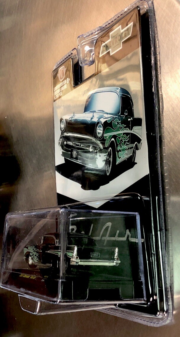 M2 MACHINES 1957 CHEVY BEL AIR HS28 BLACK WITH FLAMES 1/64 SCALE RUBBER TIRES